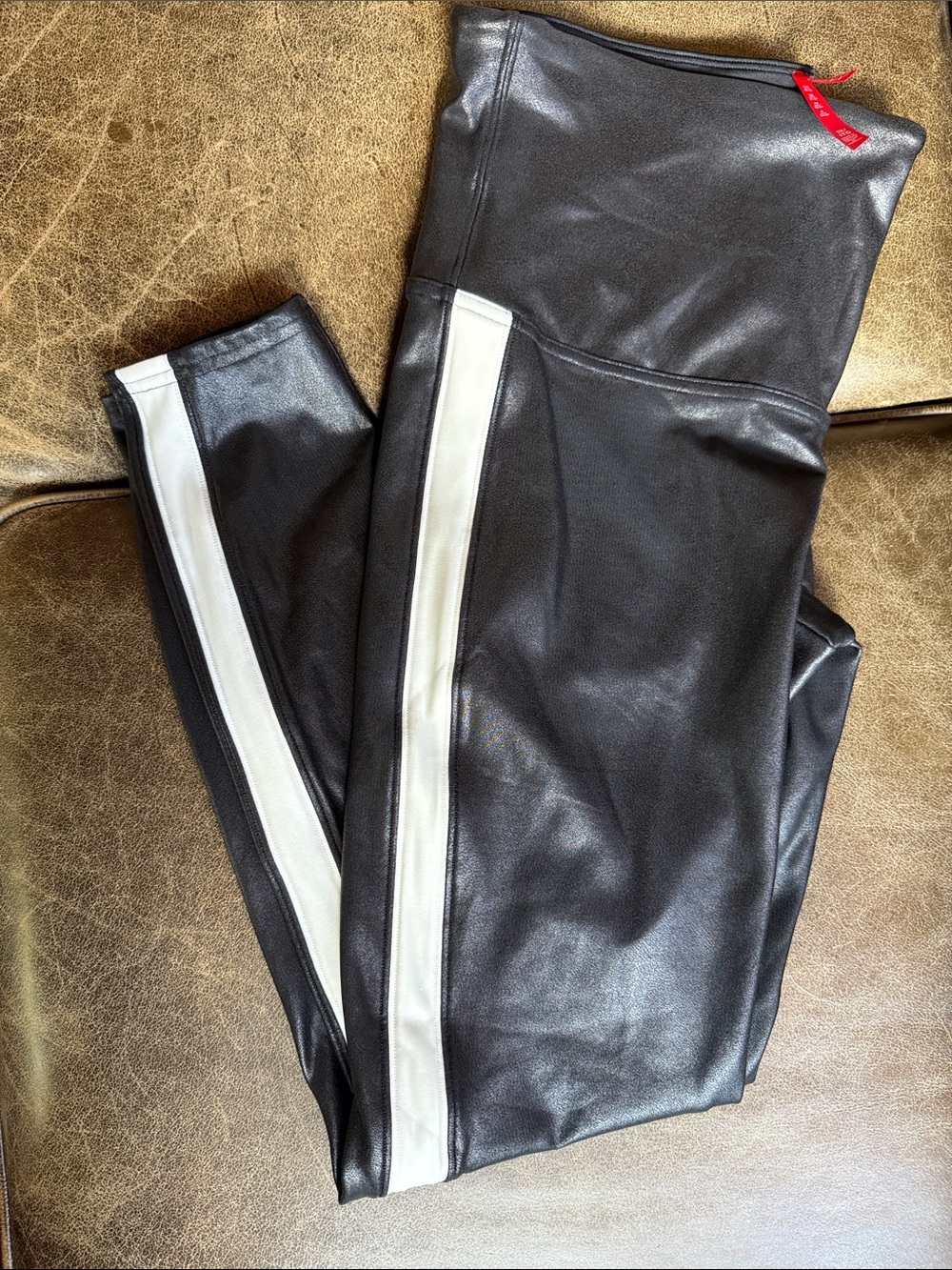 Spanx Black Faux Leather Stripe Leggings -NWT
